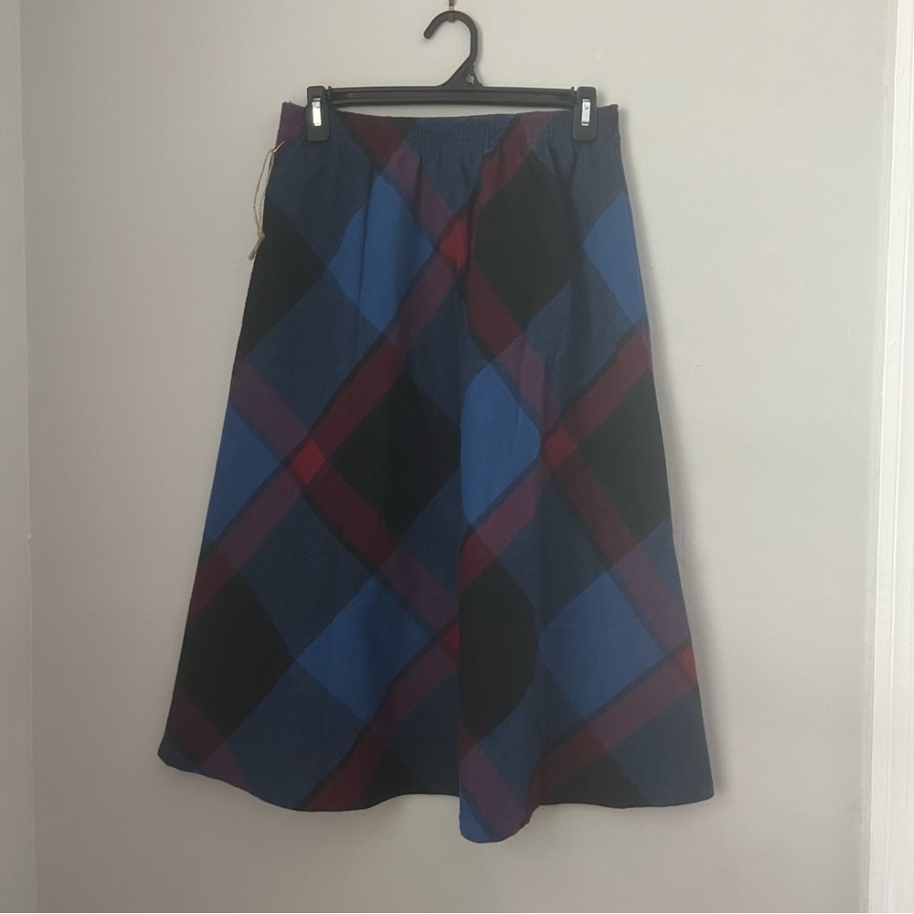 Vintage Take 1 blue purple plaid wool poly knee length midi skirt